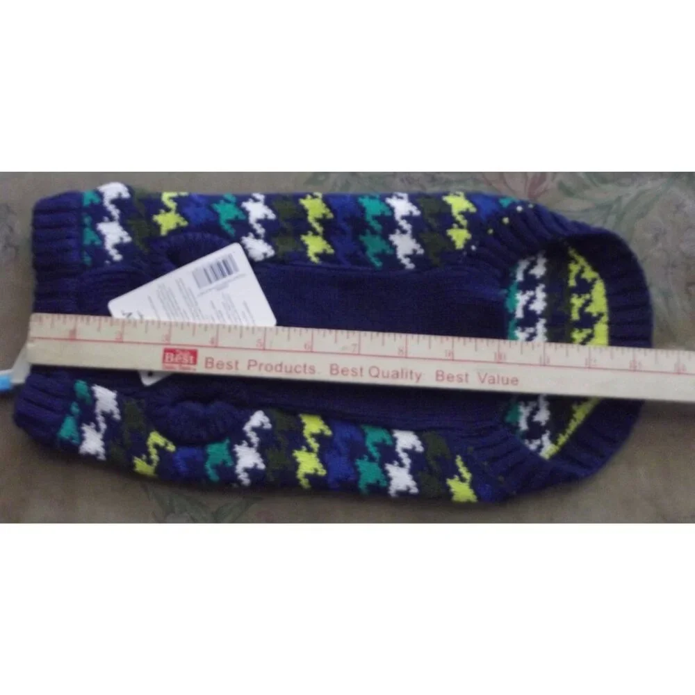 Top Paw Dog Sweater Size Small navy blue houndstooth print green yellow gray